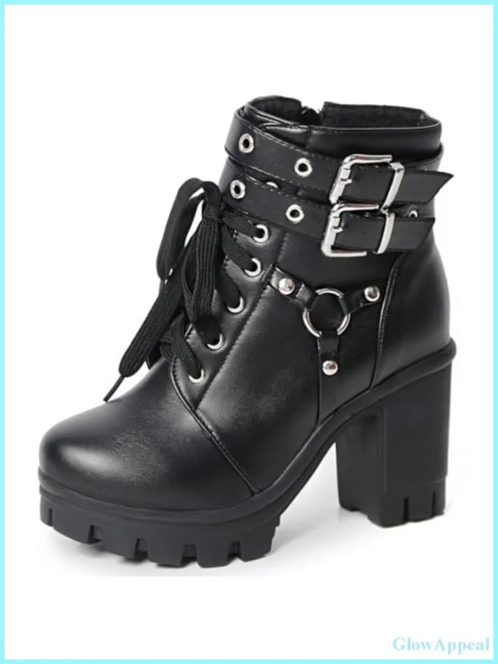 Goth Platform Combat Ankle Boots Women Block Heel Zip Buckle Chunky Boot